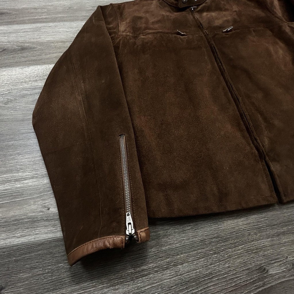 Vintage Polo Ralph Lauren Suede Leather Jacket Mens Large Brown Moto Wool Lined