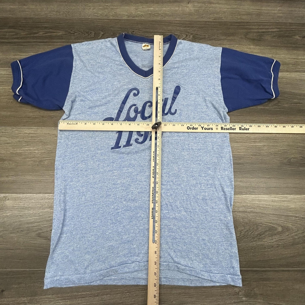 Vintage 70s Russell Athletic Ringer Shirt Mens Large Blue Union Gold Tag USA