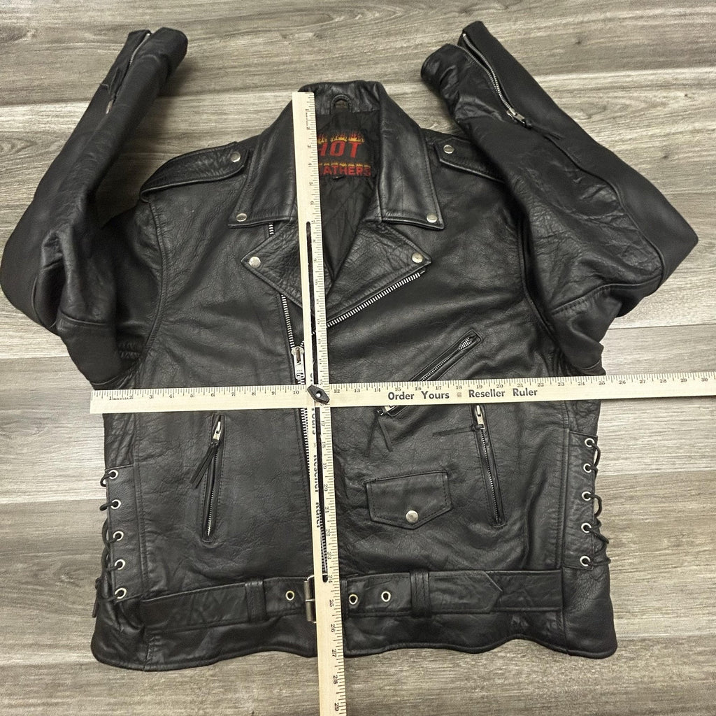 Vintage Hot Leathers Jacket Mens 50 Black Motorcycle Biker Belted Side Lace Zip 90s