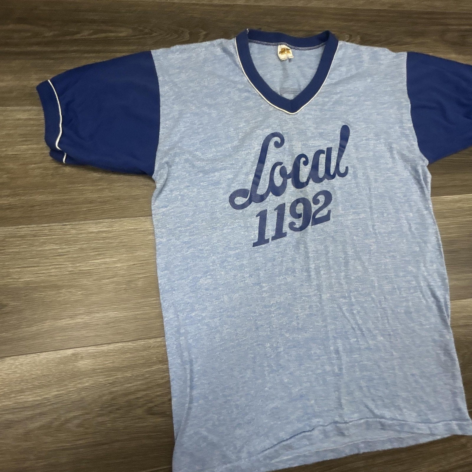 Vintage 70s Russell Athletic Ringer Shirt Mens Large Blue Union Gold Tag USA