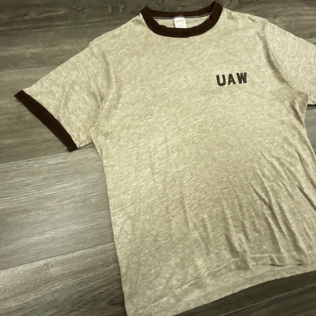 True Vintage 70s Ringer Shirt Mens Large Brown Faded Paper Thin UAW Union USA