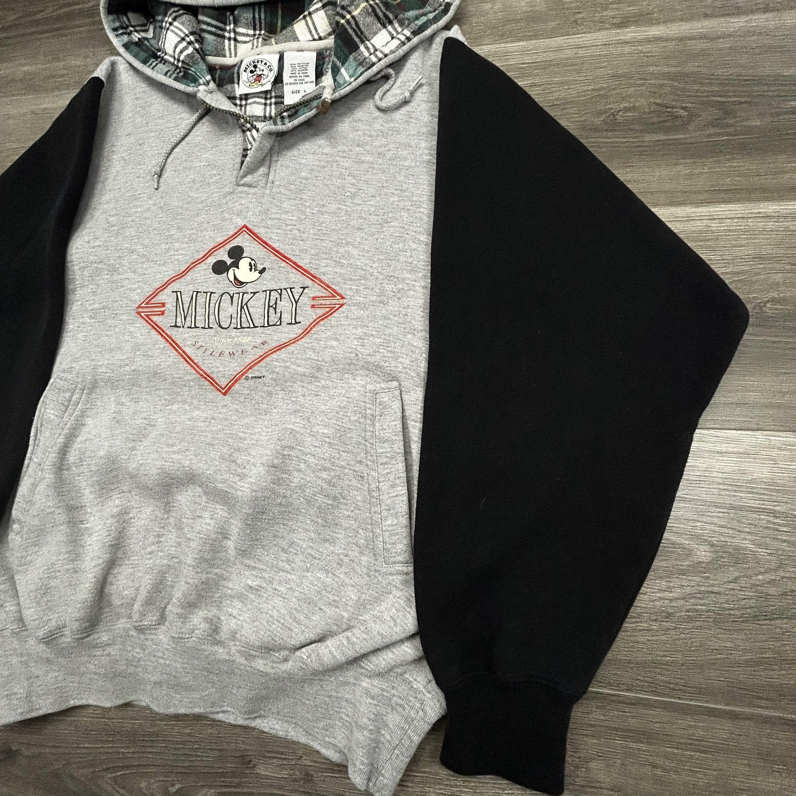 Vintage Disney Mickey Mouse Hoodie Mens Large Gray 1/4 Zip Plaid Colorblock 90s