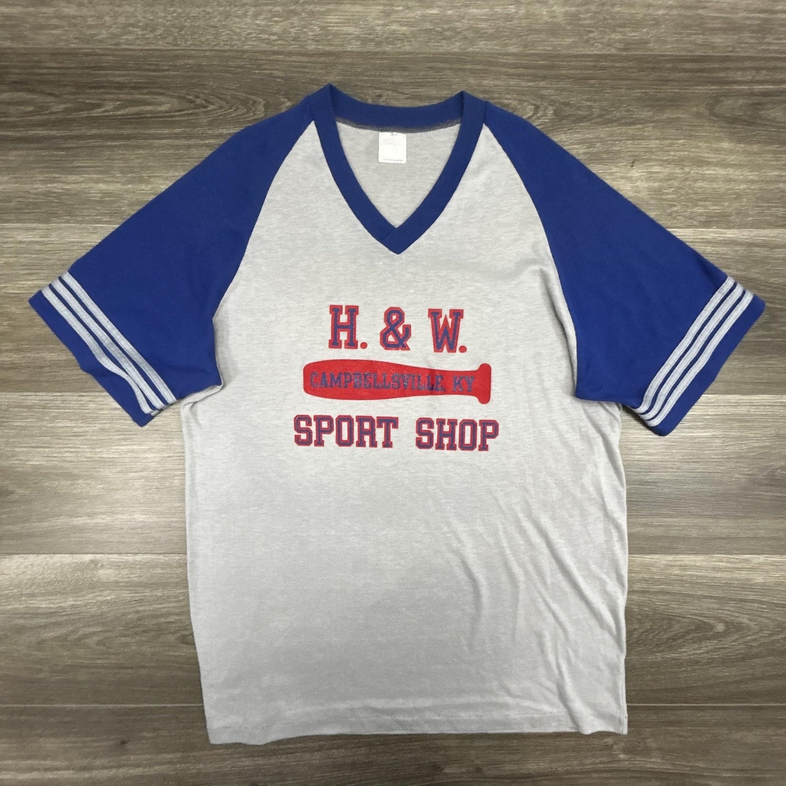 True Vintage 70s Baseball Shirt Mens XL Blue Sports Shop Ringer Raglan Made USA