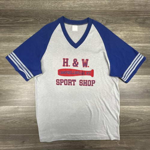 True Vintage 70s Baseball Shirt Mens XL Blue Sports Shop Ringer Raglan Made USA
