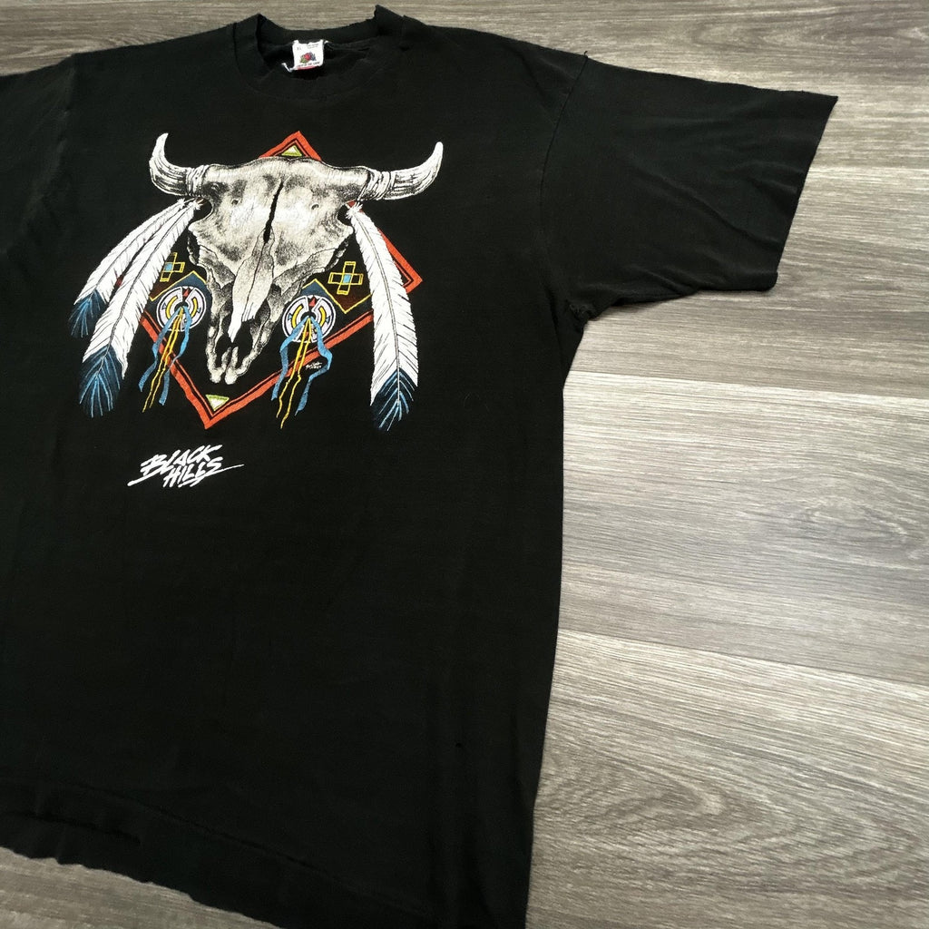Vintage Black Hills Biker Shirt Mens XL Black Skull Single Stitch Harley 90s USA