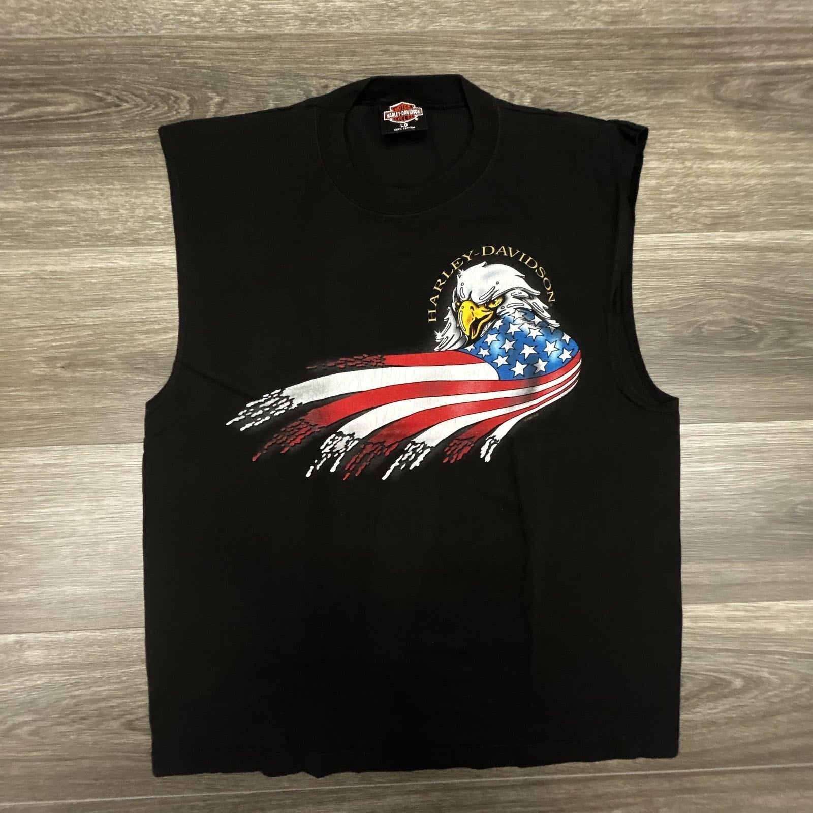 Vintage Harley Davidson Sleeveless Shirt Mens Large Black Eagle Made in USA 90s