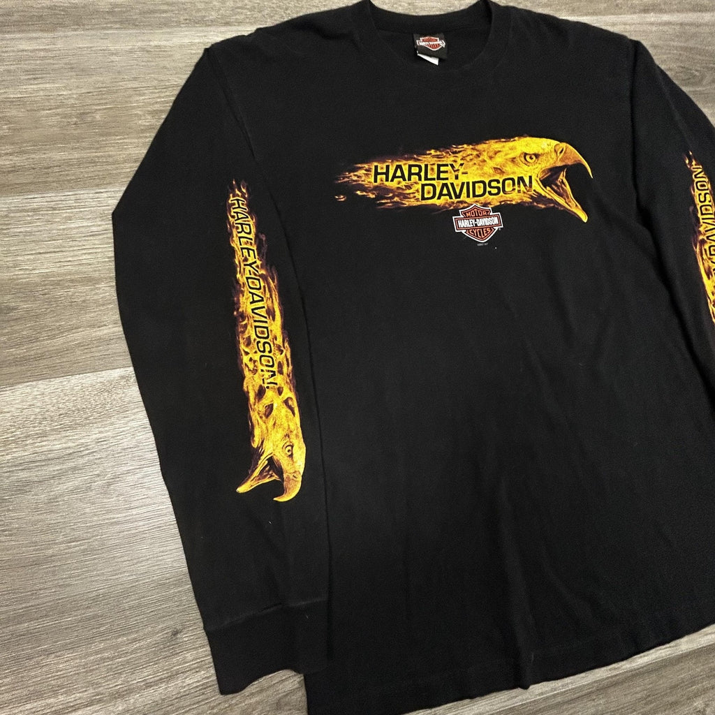 Vintage Harley Davidson Shirt Mens Large Black Long Sleeve Hit Eagle Flames USA