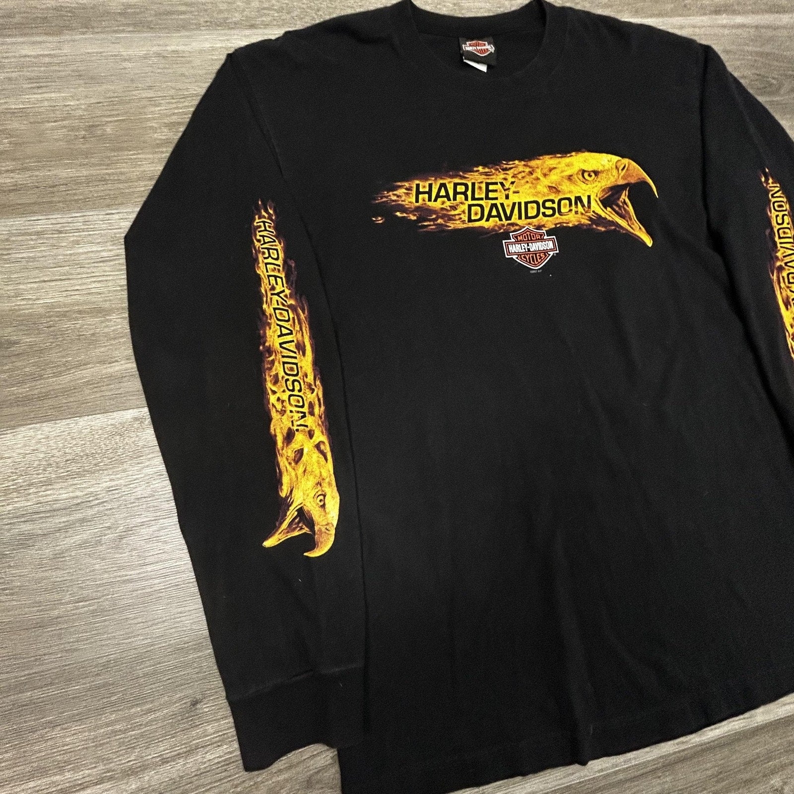 Vintage Harley Davidson Shirt Mens Large Black Long Sleeve Hit Eagle Flames USA