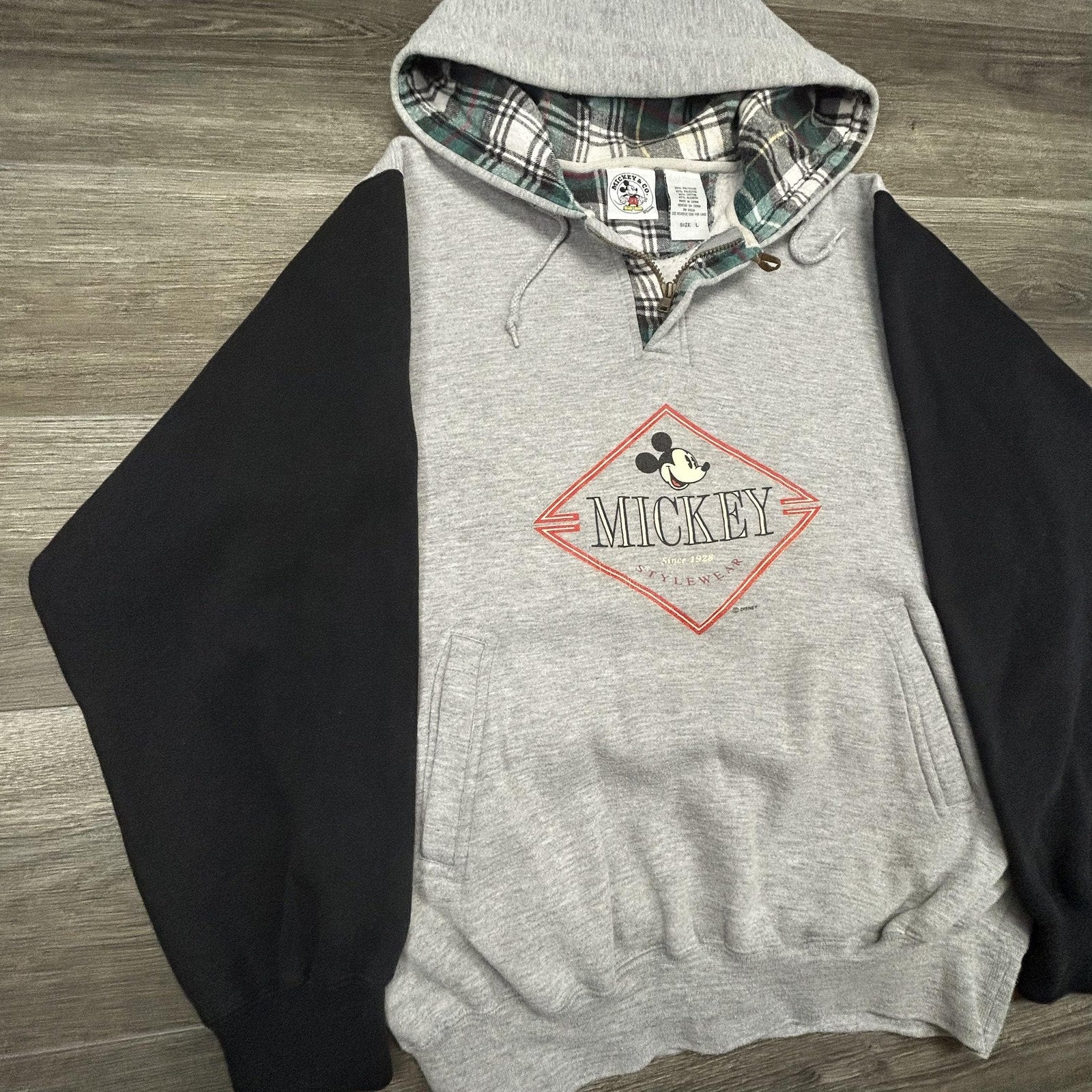 Vintage Disney Mickey Mouse Hoodie Mens Large Gray 1/4 Zip Plaid Colorblock 90s
