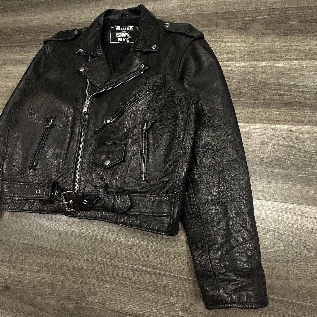 Vintage Leather Motorcycle Jacket Mens 44 Black Belted Zip Punk Grunge LA 90s